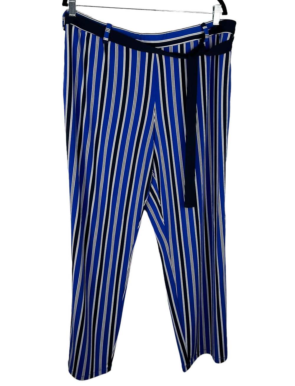 Susan Graver Liquid Knit Blue Black White Striped Pants Belt Wide Leg Sz XLP EUC